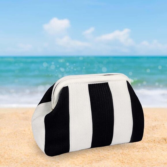 🆕Women' Black White Crochet Striped Beach Clutch Ruched Dumpling Handbag Wallet - Picture 6 of 7